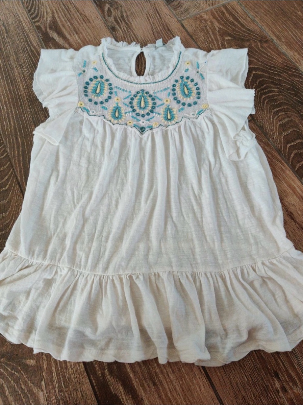 Lucky Brand Boho Embroidered White Ruffle Top with Teal & Yellow Accents